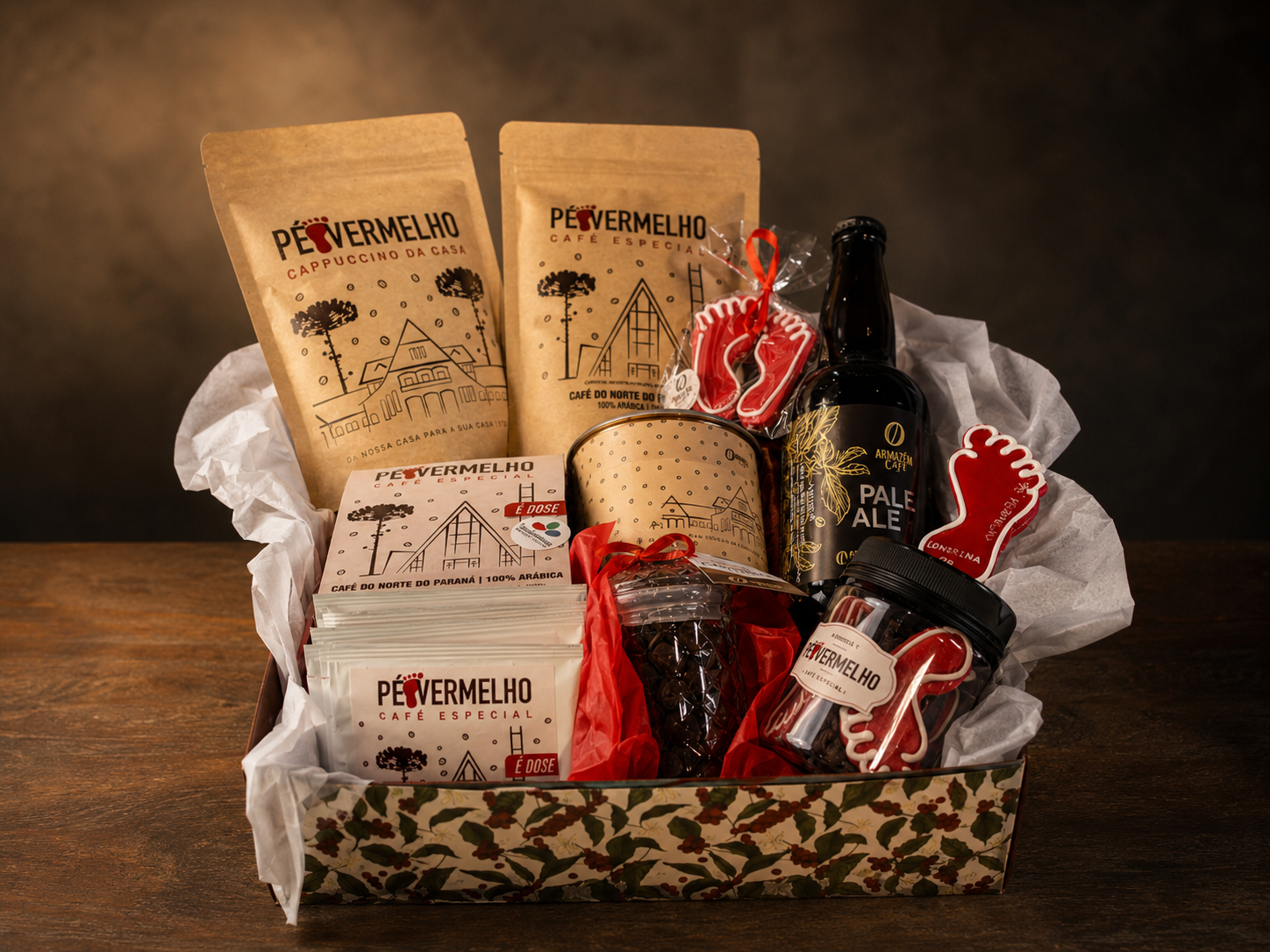 Kit completo da Linha Pé Vermelho com cafés, Pale Ale+Café, biscoitos pé-vermelho e sachês