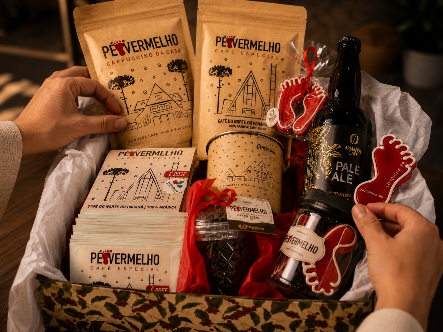 Kit Pé Vermelho com cafés especiais, Pale Ale+Café, biscoitos pé-vermelho e produtos artesanais