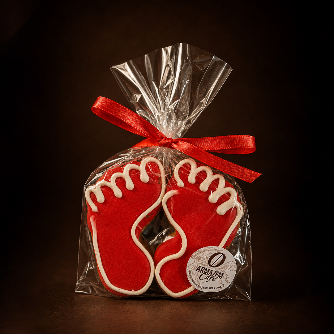 Biscoitos artesanais em formato de pé vermelho