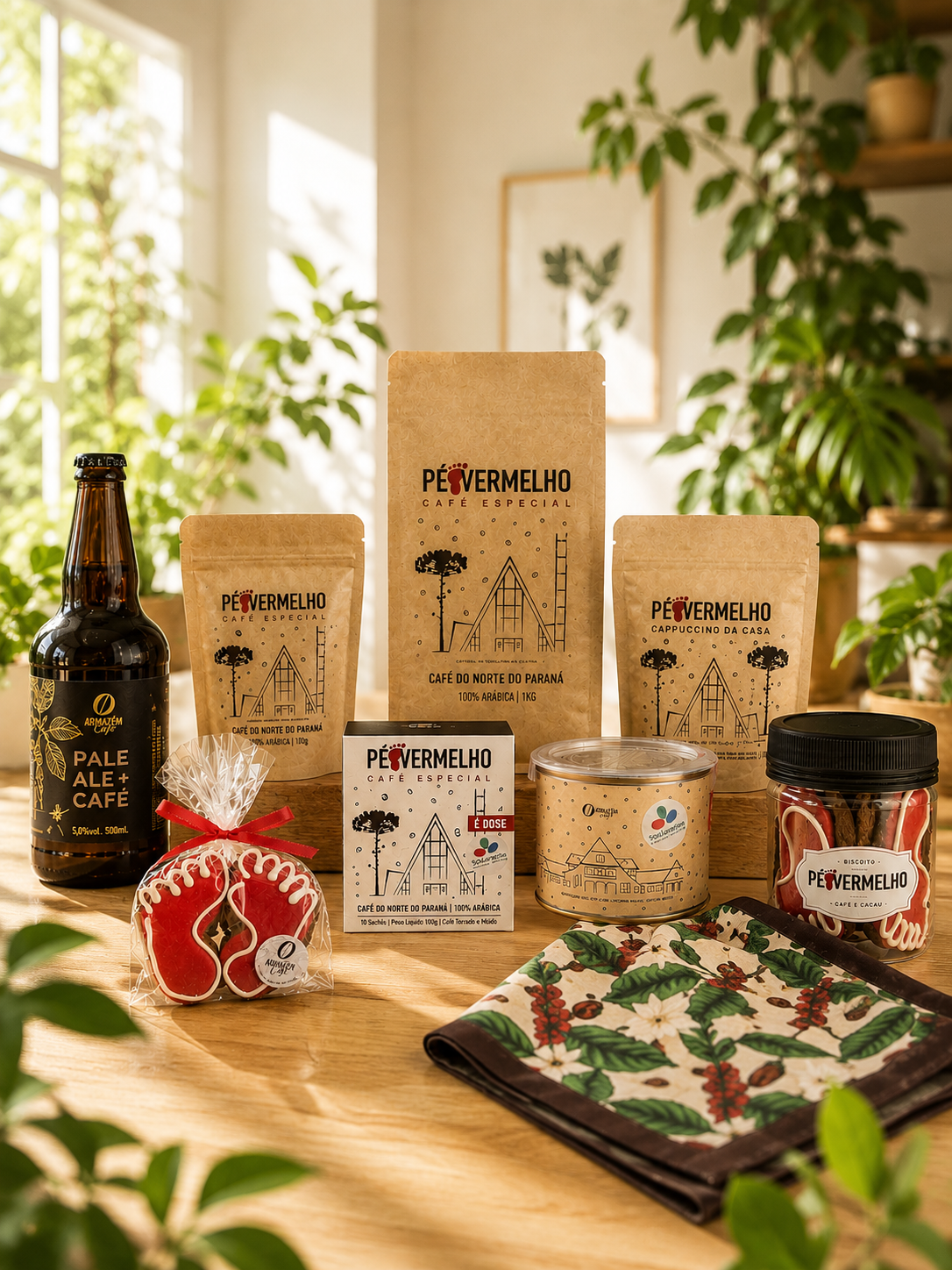 Kit Pé Vermelho completo com cafés especiais, Pale Ale+Café, biscoitos pé-vermelho, sachês e produtos artesanais
